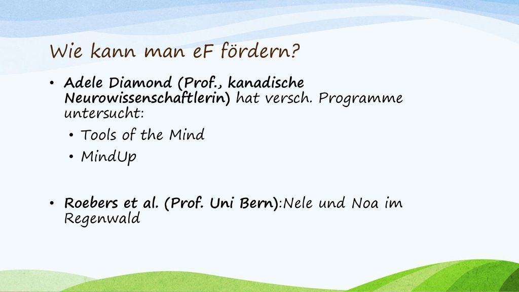 Wie kann man eF fördern Adele Diamond (Prof., kanadische Neurowissenschaftlerin) hat versch. Programme untersucht: