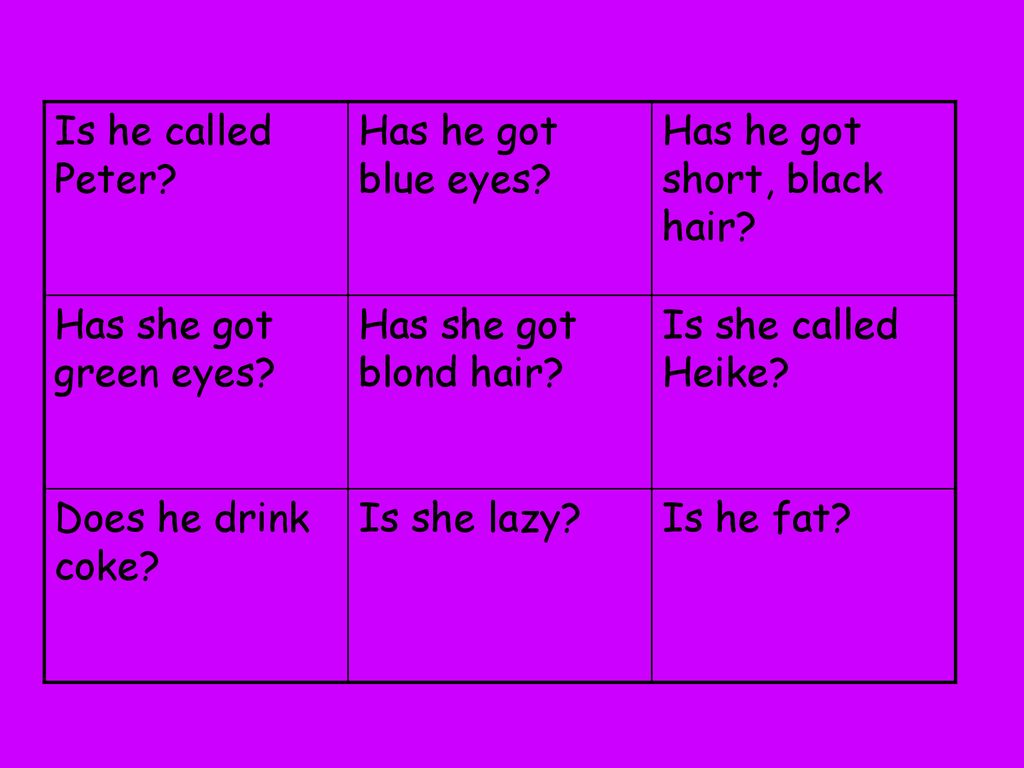 Is he called Peter Has he got blue eyes Has he got short, black hair Has she got green eyes Has she got blond hair