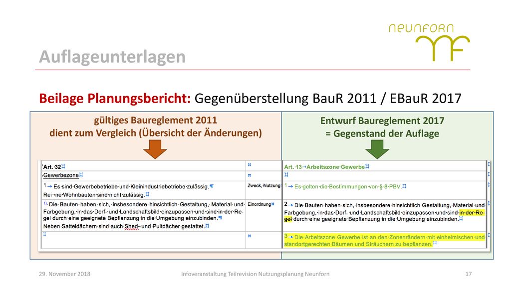Auflageunterlagen Beilage Planungsbericht: Gegenüberstellung BauR 2011 / EBauR gültiges Baureglement