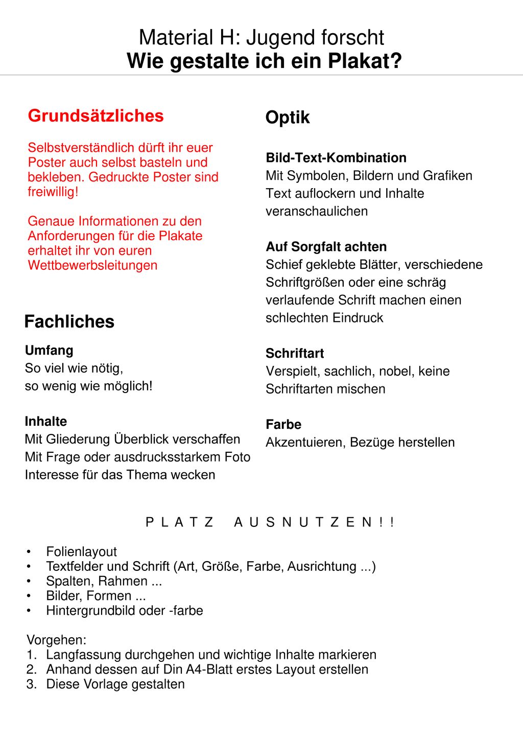 Material H: Jugend forscht Wie gestalte ich ein Plakat