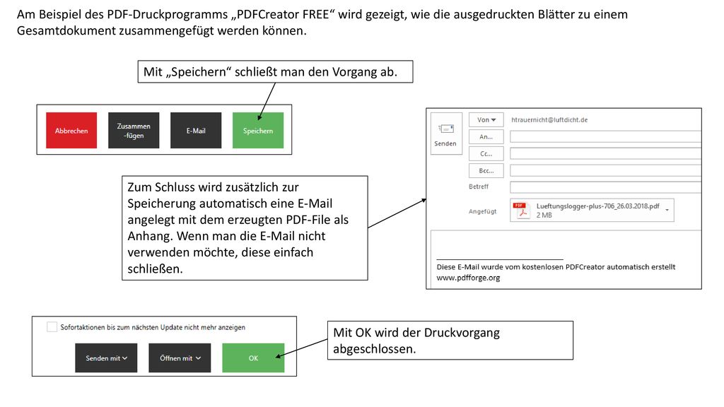 Am Beispiel des PDF-Druckprogramms „PDFCreator FREE wird gezeigt, wie die ausgedruckten Blätter zu einem Gesamtdokument zusammengefügt werden können.