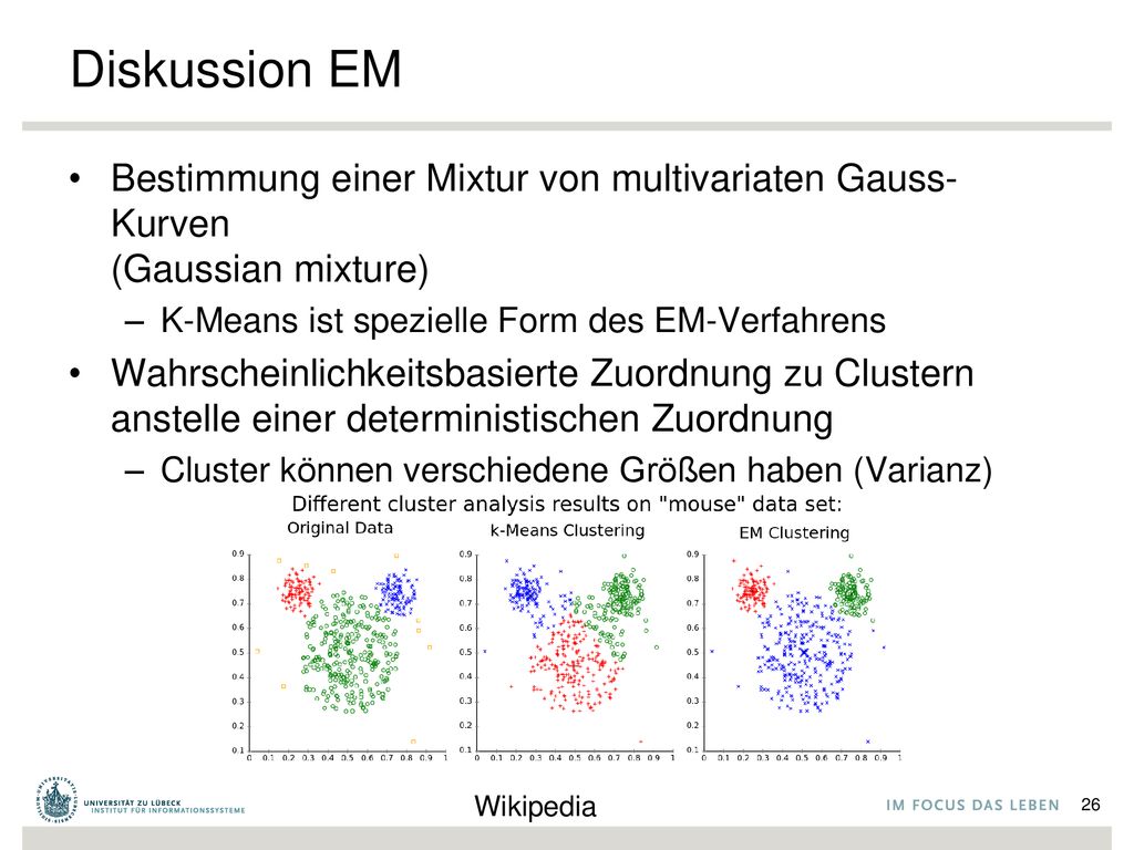 Diskussion EM Bestimmung einer Mixtur von multivariaten Gauss-Kurven (Gaussian mixture) K-Means ist spezielle Form des EM-Verfahrens.
