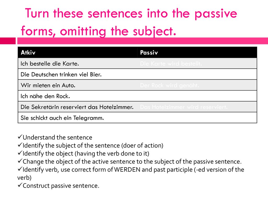 Turn these sentences into the passive forms, omitting the subject.