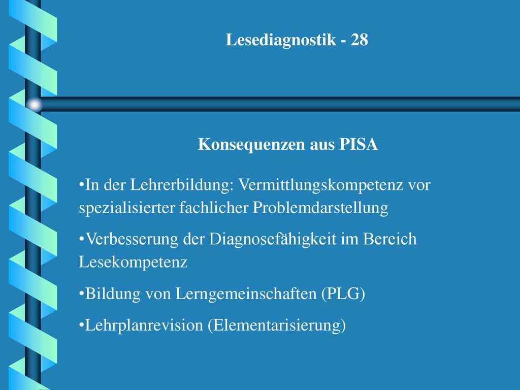 Lesediagnostik - 28 Konsequenzen aus PISA. In der Lehrerbildung: Vermittlungskompetenz vor spezialisierter fachlicher Problemdarstellung.