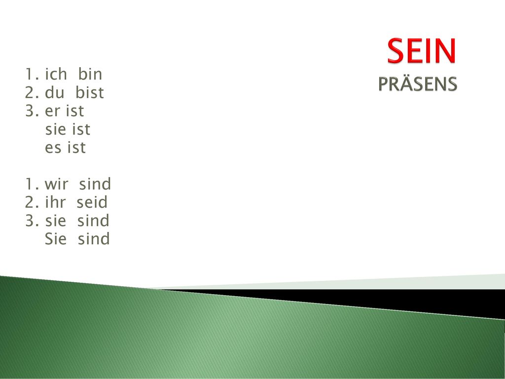 SEIN PRÄSENS 1. ich bin 2. du bist 3. er ist sie ist es ist