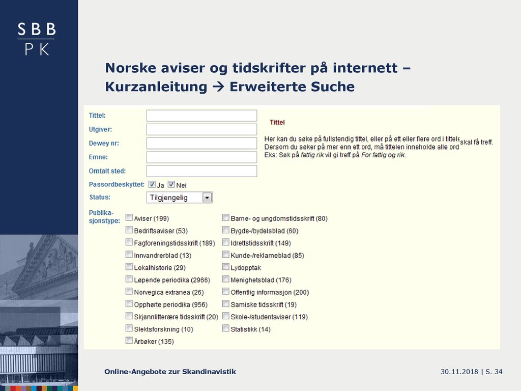 Norske aviser og tidskrifter på internett – Kurzanleitung  Erweiterte Suche
