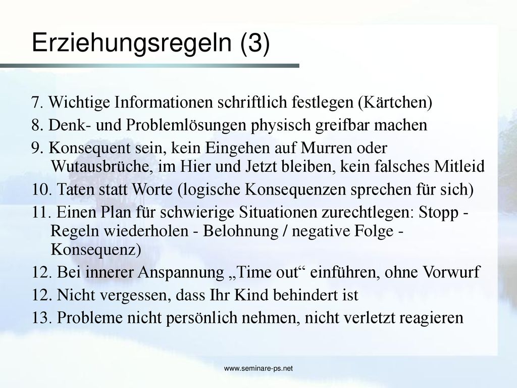 Erziehungsregeln (3) 7. Wichtige Informationen schriftlich festlegen (Kärtchen) 8. Denk- und Problemlösungen physisch greifbar machen.