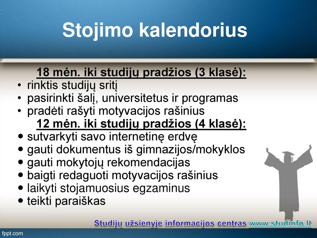 Stojimo kalendorius 18 mėn. iki studijų pradžios (3 klasė):