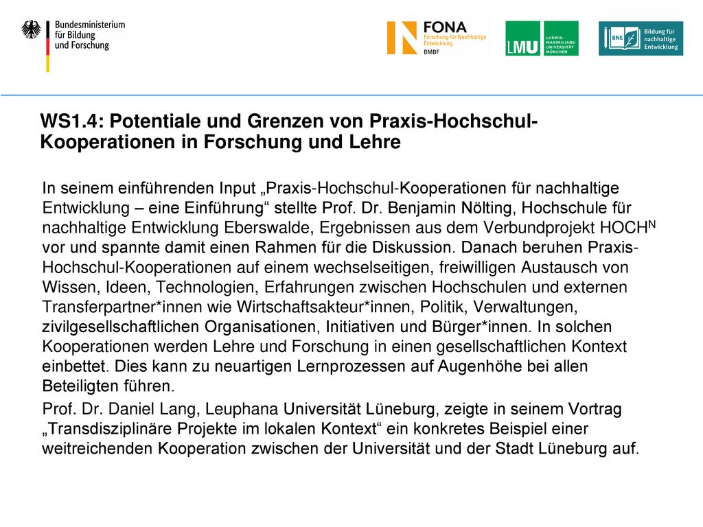 WS1.4: Potentiale und Grenzen von Praxis-Hochschul- Kooperationen in Forschung und Lehre