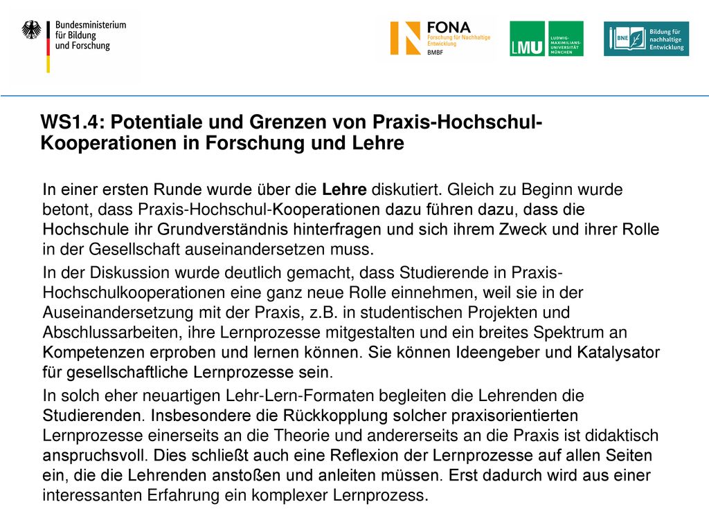 WS1.4: Potentiale und Grenzen von Praxis-Hochschul- Kooperationen in Forschung und Lehre
