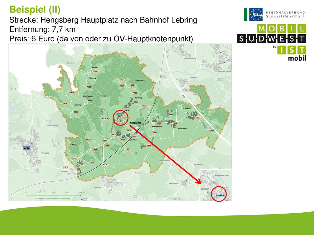 Beispiel (II) Strecke: Hengsberg Hauptplatz nach Bahnhof Lebring Entfernung: 7,7 km Preis: 6 Euro (da von oder zu ÖV-Hauptknotenpunkt)
