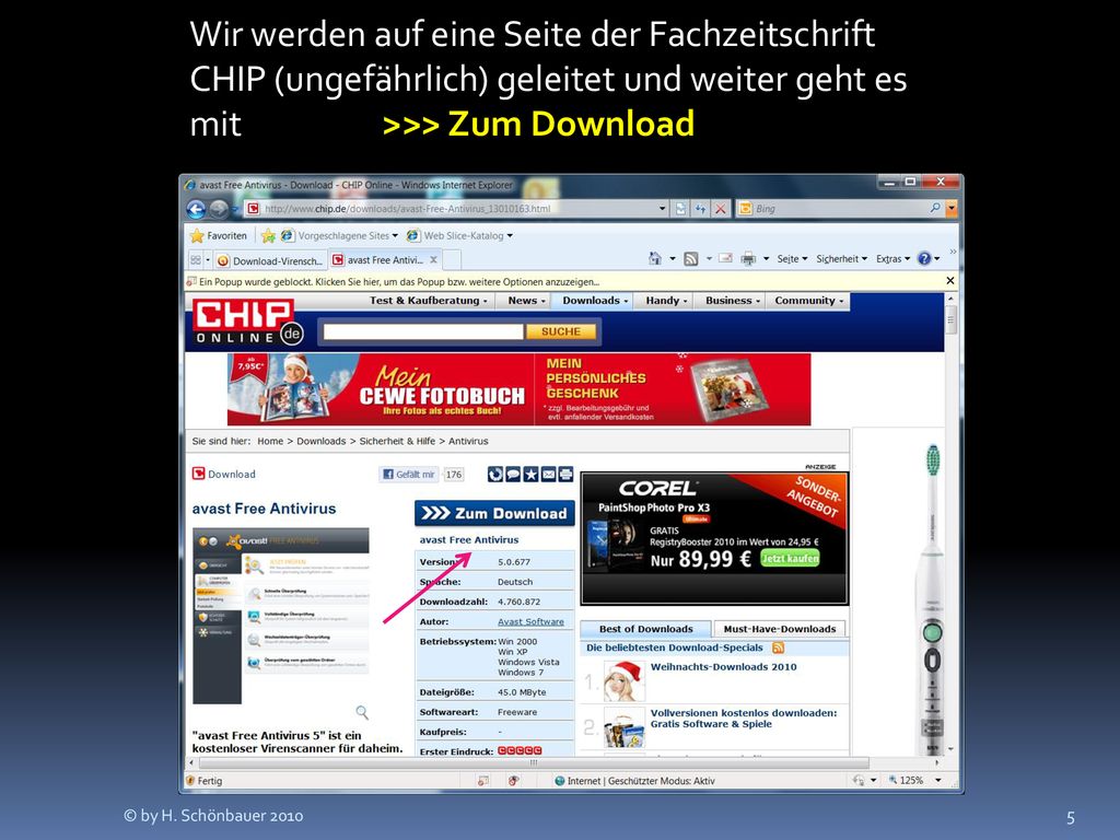 Wir werden auf eine Seite der Fachzeitschrift CHIP (ungefährlich) geleitet und weiter geht es mit >>> Zum Download