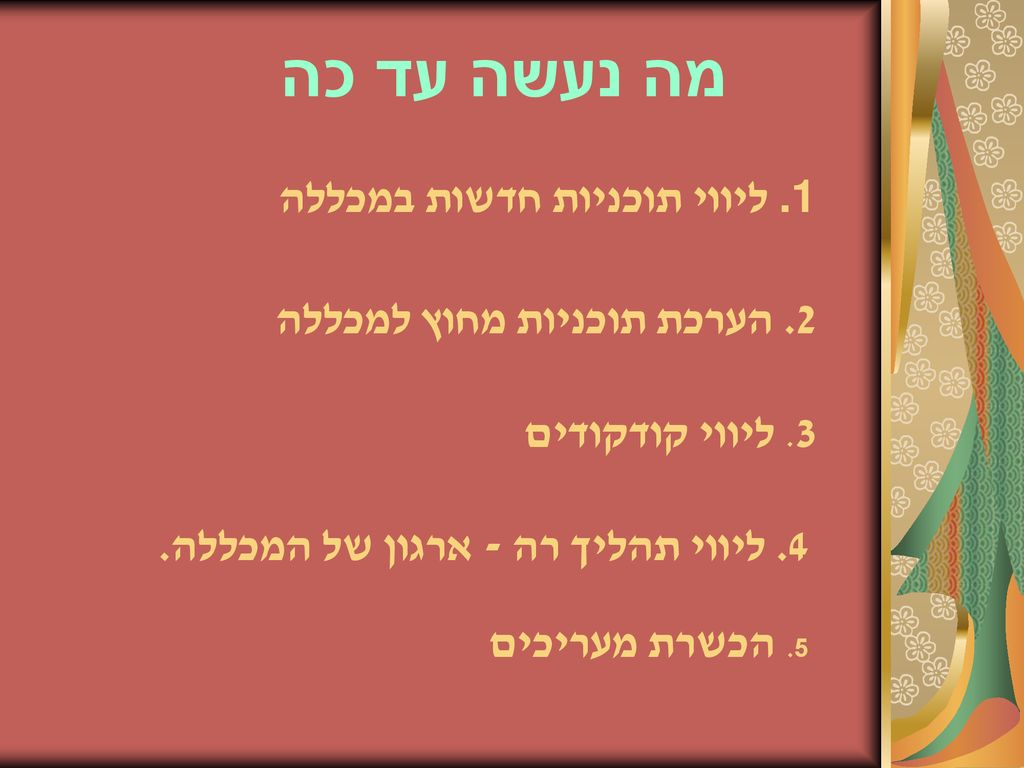 מה נעשה עד כה ליווי תוכניות חדשות במכללה 2. הערכת תוכניות מחוץ למכללה