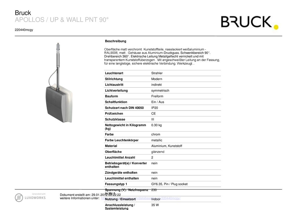 Bruck APOLLOS / UP & WALL PNT 90° mcgy Beschreibung