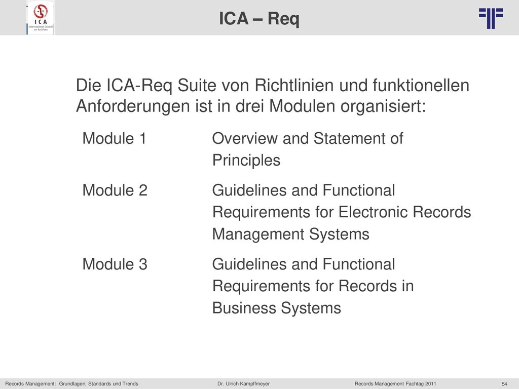 ICA – Req Die ICA-Req Suite von Richtlinien und funktionellen Anforderungen ist in drei Modulen organisiert: