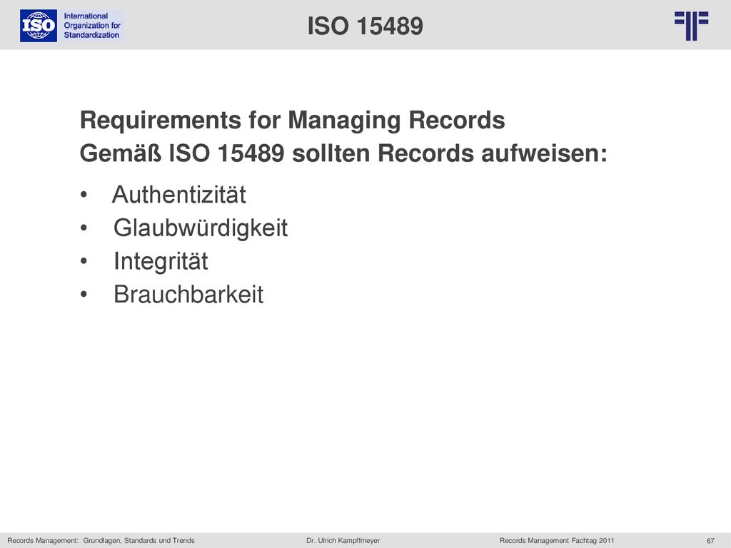 ISO Requirements for Managing Records. Gemäß ISO sollten Records aufweisen: Authentizität.
