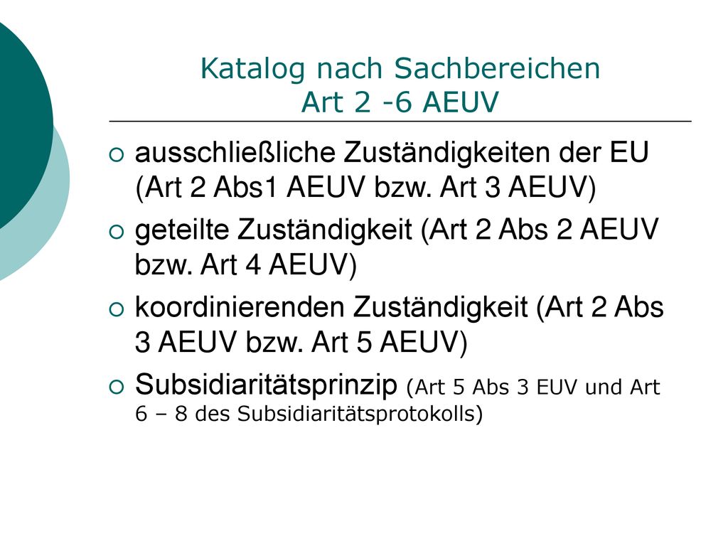 Katalog nach Sachbereichen Art 2 -6 AEUV