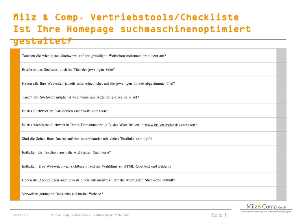 Milz & Comp. Vertriebstools/Checkliste Ist Ihre Homepage suchmaschinenoptimiert gestaltet