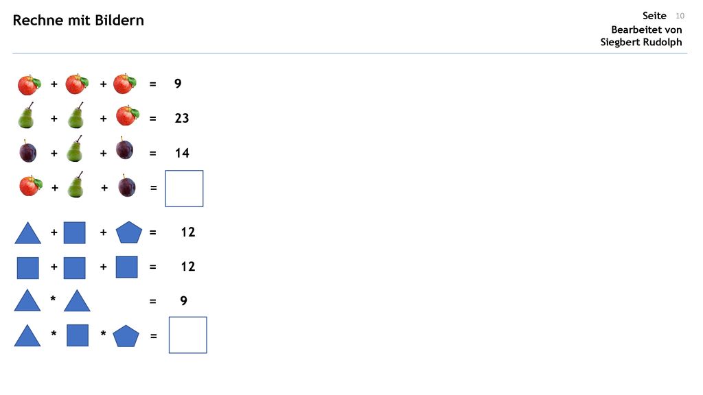 Rechne mit Bildern + + = = = = + + = = 12 *