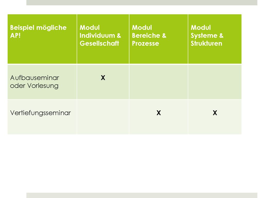 Beispiel mögliche AP! Modul. Individuum & Gesellschaft. Bereiche & Prozesse. Systeme & Strukturen.