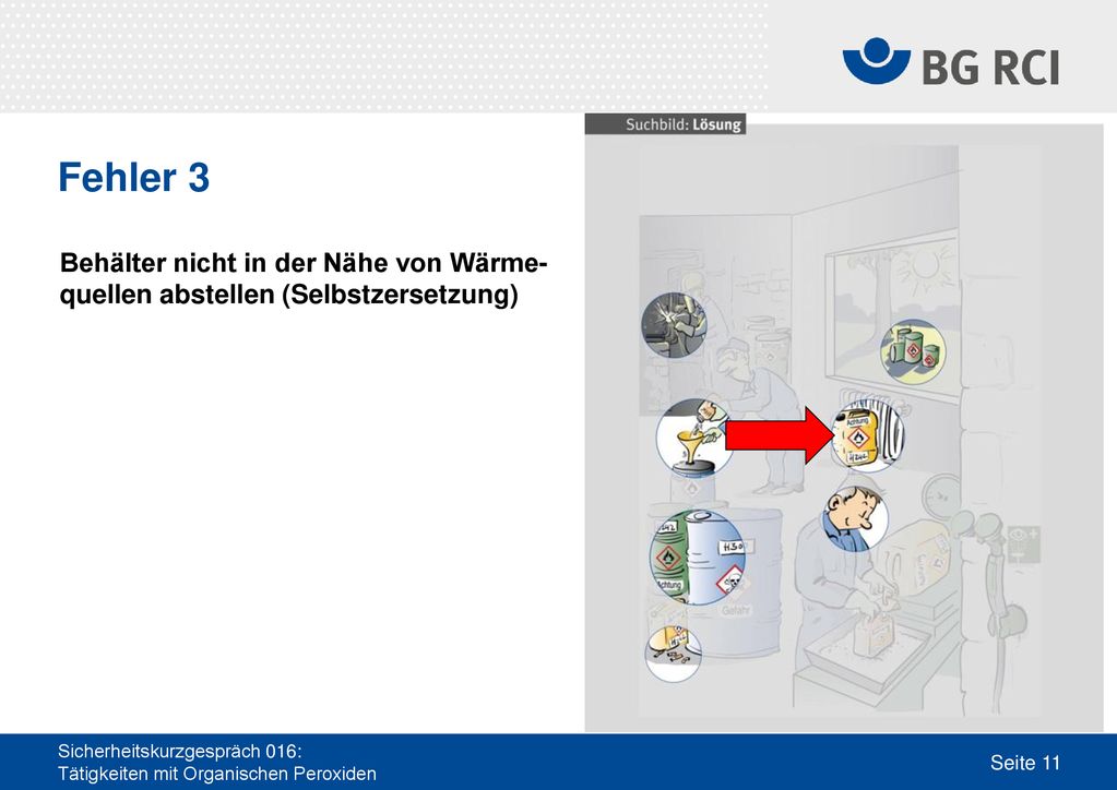 Fehler 3 Behälter nicht in der Nähe von Wärme- quellen abstellen (Selbstzersetzung)