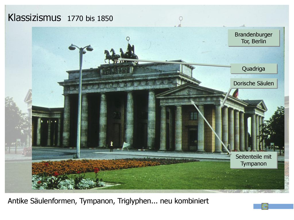 Klassizismus 1770 bis 1850 Brandenburger Tor, Berlin. Quadriga. Dorische Säulen. Seitenteile mit Tympanon.