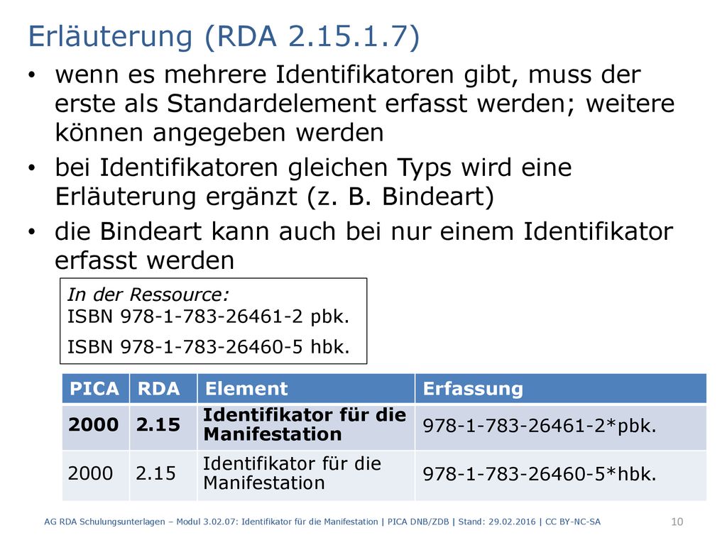 Erläuterung (RDA ) wenn es mehrere Identifikatoren gibt, muss der erste als Standardelement erfasst werden; weitere können angegeben werden.