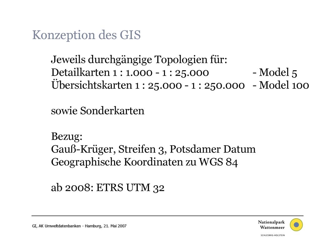 Konzeption des GIS Jeweils durchgängige Topologien für: Detailkarten 1 : : Model 5.