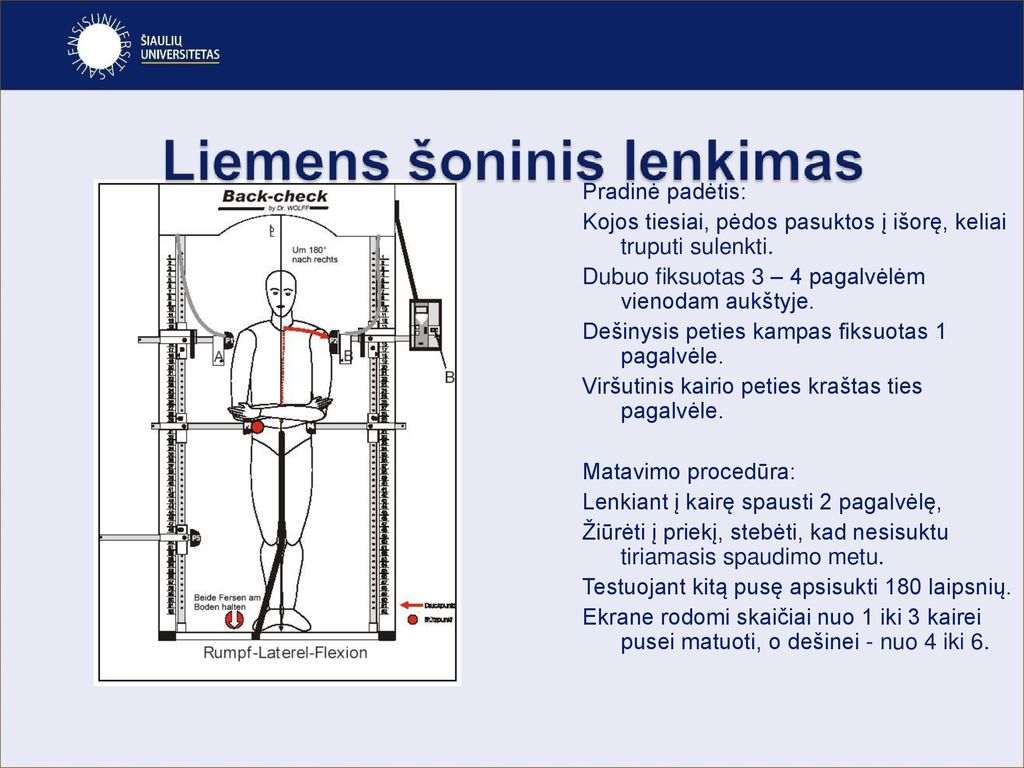 Pradinė padėtis: Kojos tiesiai, pėdos pasuktos į išorę, keliai truputi sulenkti. Dubuo fiksuotas 3 – 4 pagalvėlėm vienodam aukštyje.