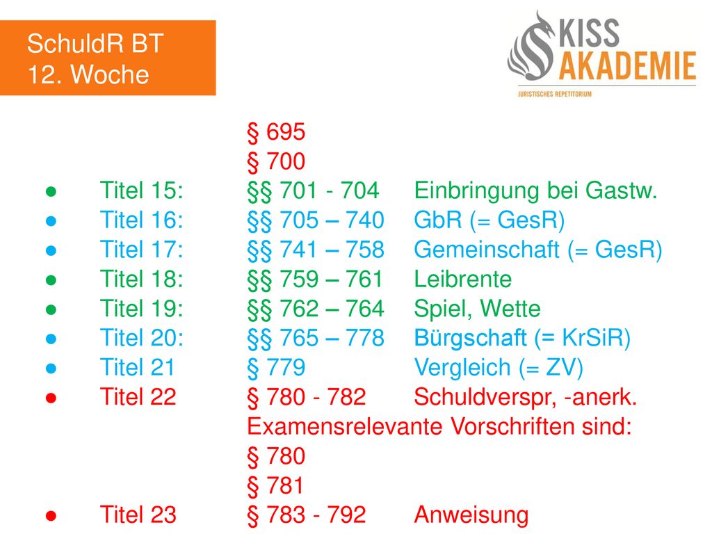 SchuldR BT 12. Woche. § 695. § 700. ● Titel 15: §§ Einbringung bei Gastw. ● Titel 16: §§ 705 – 740 GbR (= GesR)