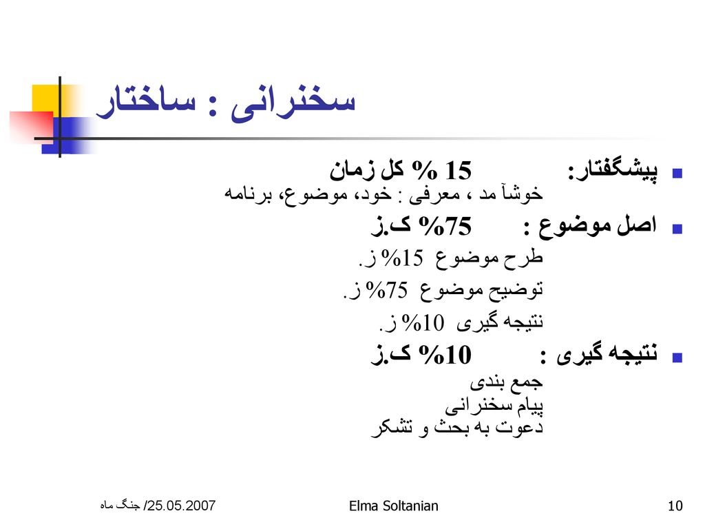 سخنرانی : ساختار پیشگفتار: 15 % کل زمان خوشآ مد ، معرفی : خود، موضوع، برنامه. اصل موضوع : 75% ک.ز طرح موضوع 15% ز.