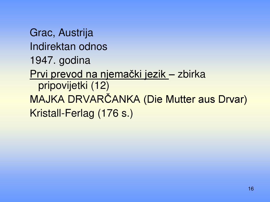 Grac, Austrija Indirektan odnos godina. Prvi prevod na njemački jezik – zbirka pripovijetki (12)