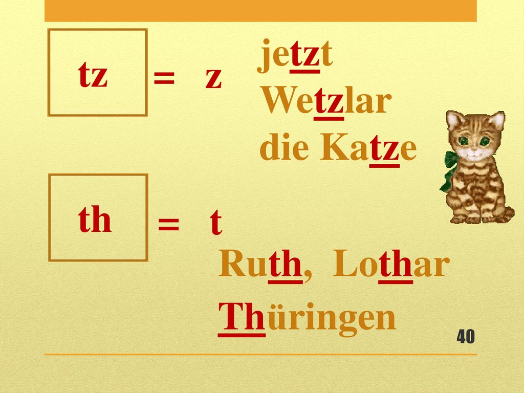jetzt Wetzlar die Katze tz = z th = t Ruth, Lothar Thüringen