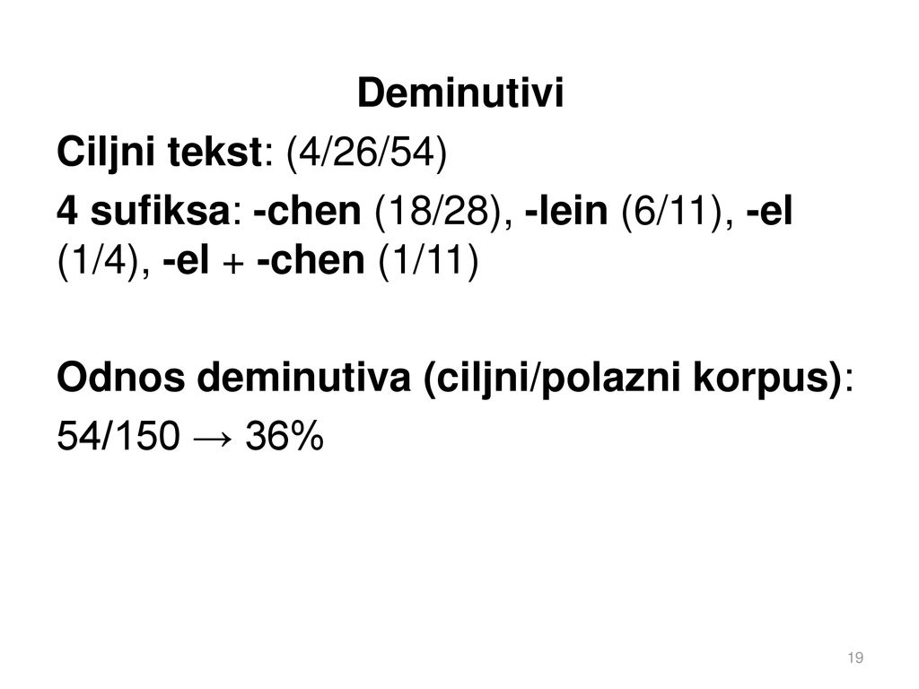 Deminutivi Ciljni tekst: (4/26/54) 4 sufiksa: -chen (18/28), -lein (6/11), -el (1/4), -el + -chen (1/11) Odnos deminutiva (ciljni/polazni korpus): 54/150 → 36%