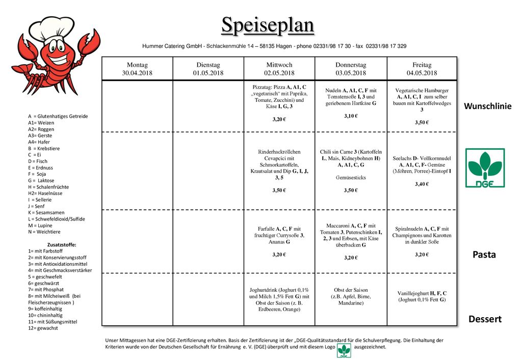 Speiseplan Pasta Dessert Wunschlinie Montag Dienstag