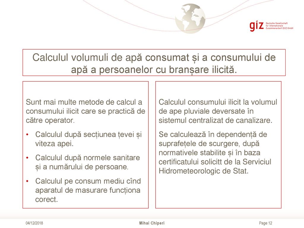 Calculul volumuli de apă consumat și a consumului de apă a persoanelor cu branșare ilicită.
