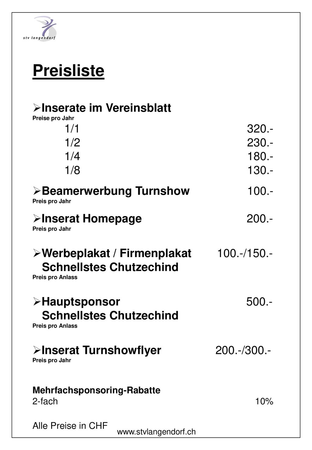 Preisliste Inserate im Vereinsblatt 1/ / /