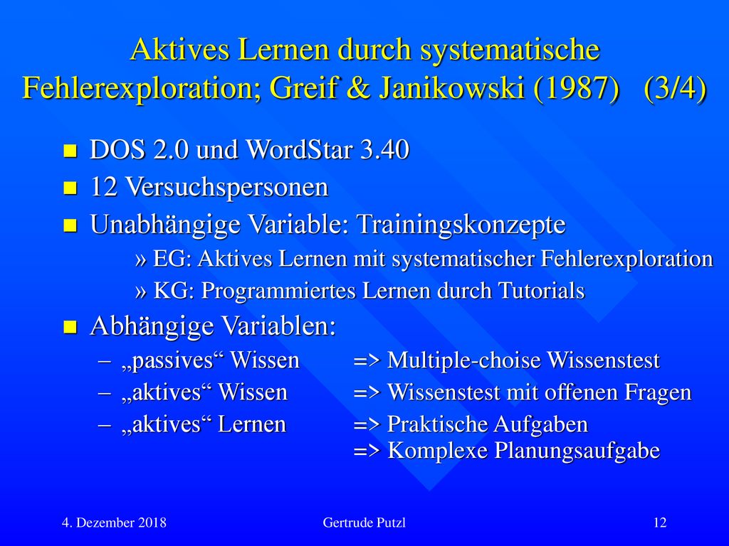 Stand der Forschung Aktives Lernen durch systematische Fehlerexploration; Greif & Janikowski (1987) (3/4)