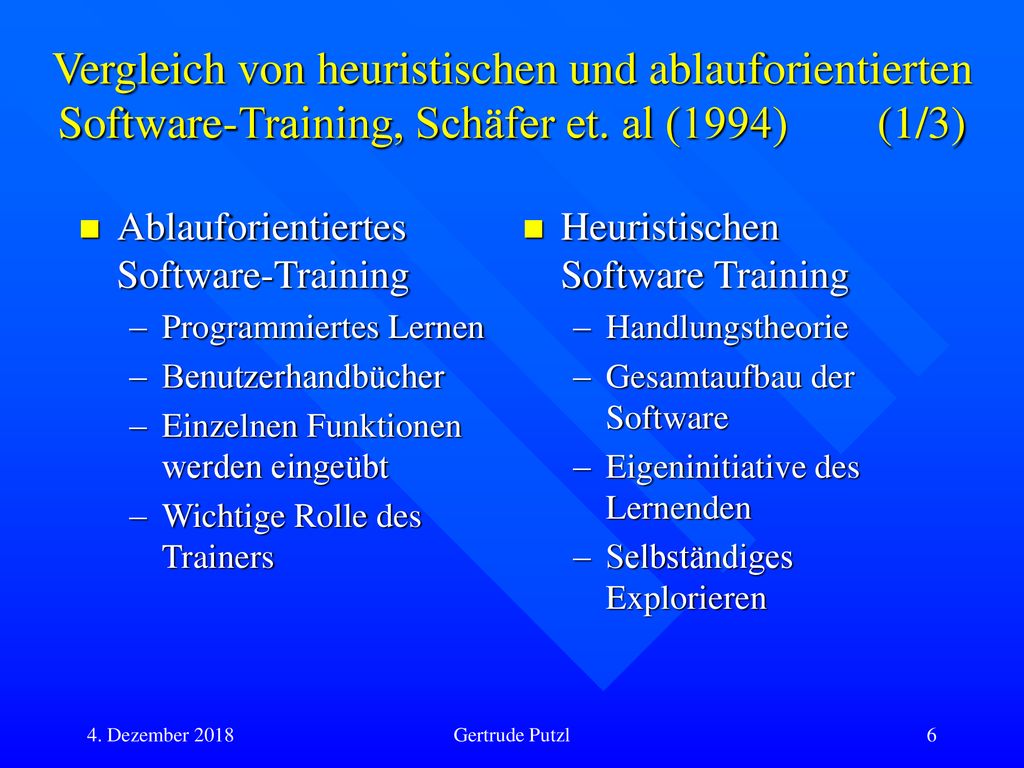 Stand der Forschung Vergleich von heuristischen und ablauforientierten Software-Training, Schäfer et. al (1994) (1/3)