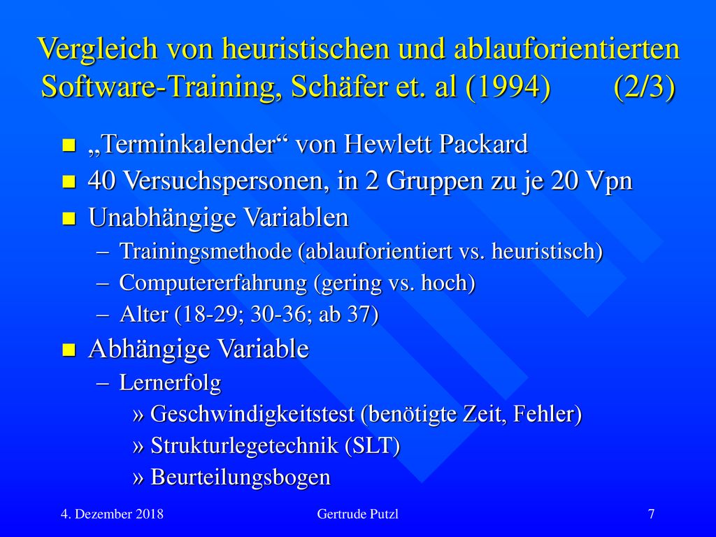 Stand der Forschung Vergleich von heuristischen und ablauforientierten Software-Training, Schäfer et. al (1994) (2/3)