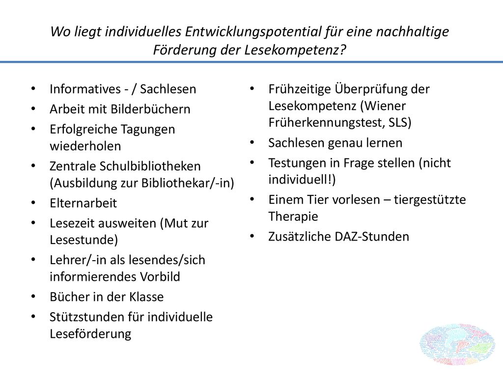 Wo liegt individuelles Entwicklungspotential für eine nachhaltige Förderung der Lesekompetenz