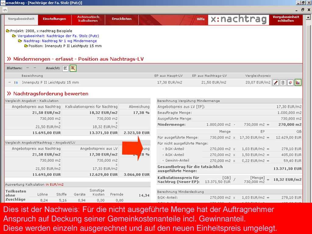 Dies ist der Nachweis: Für die nicht ausgeführte Menge hat der Auftragnehmer Anspruch auf Deckung seiner Gemeinkostenanteile incl. Gewinnanteil.