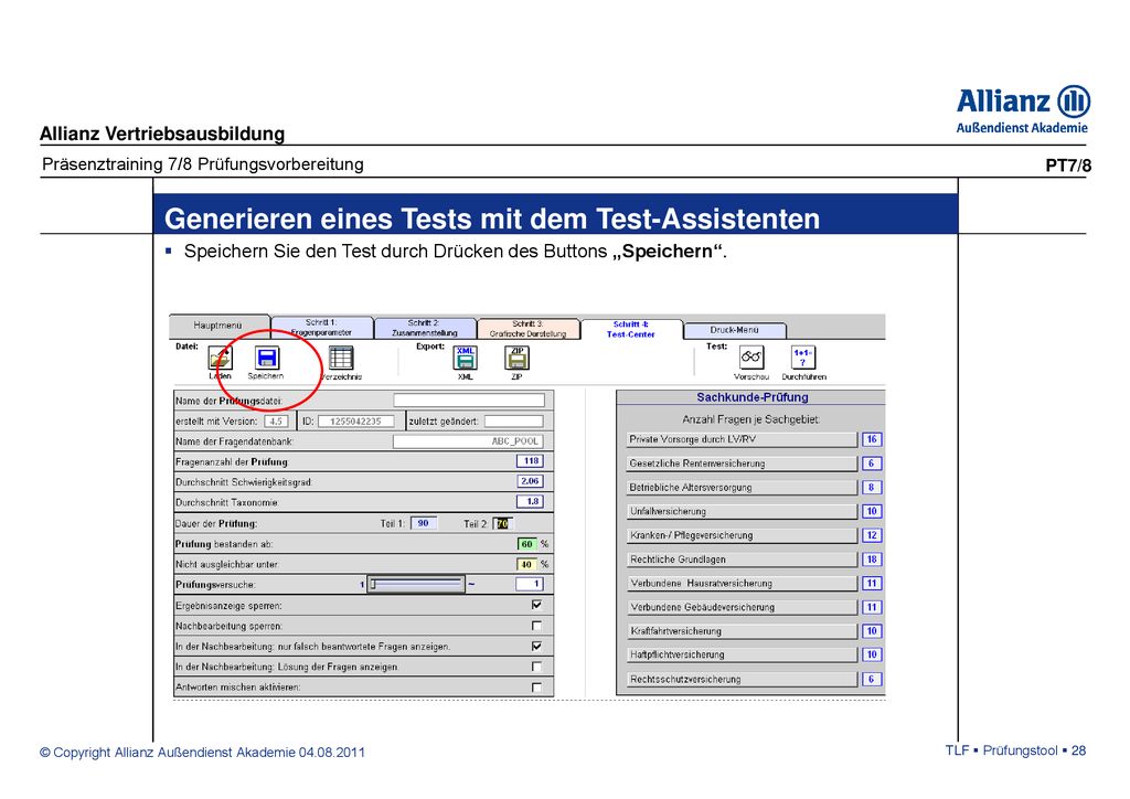 Speichern Sie den Test durch Drücken des Buttons „Speichern .