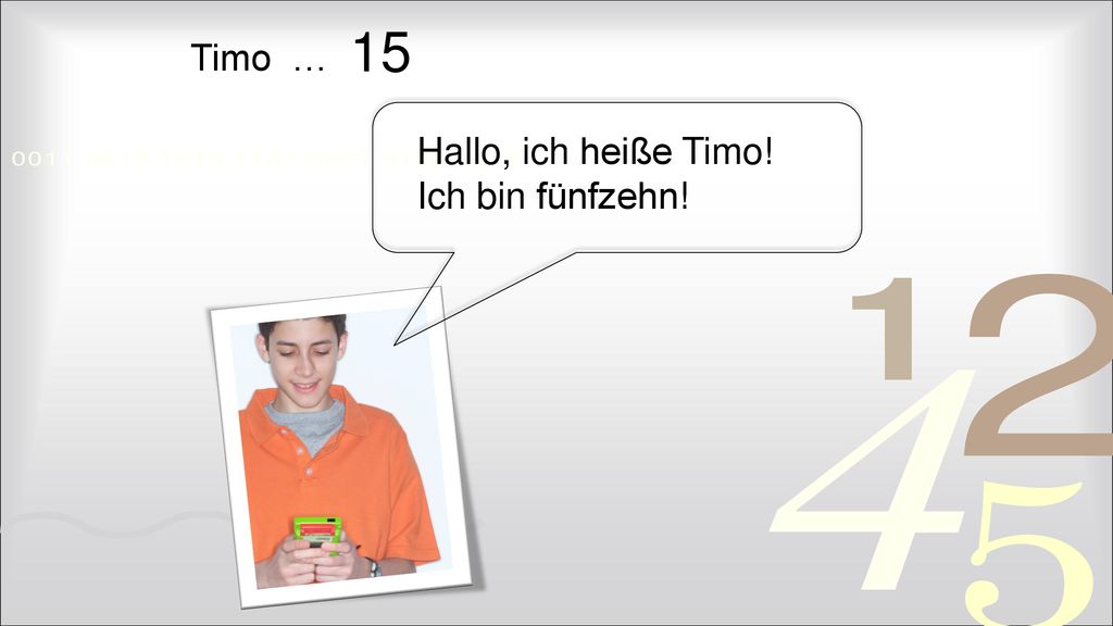 15 Timo … Hallo, ich heiße Timo! Ich bin fünfzehn!