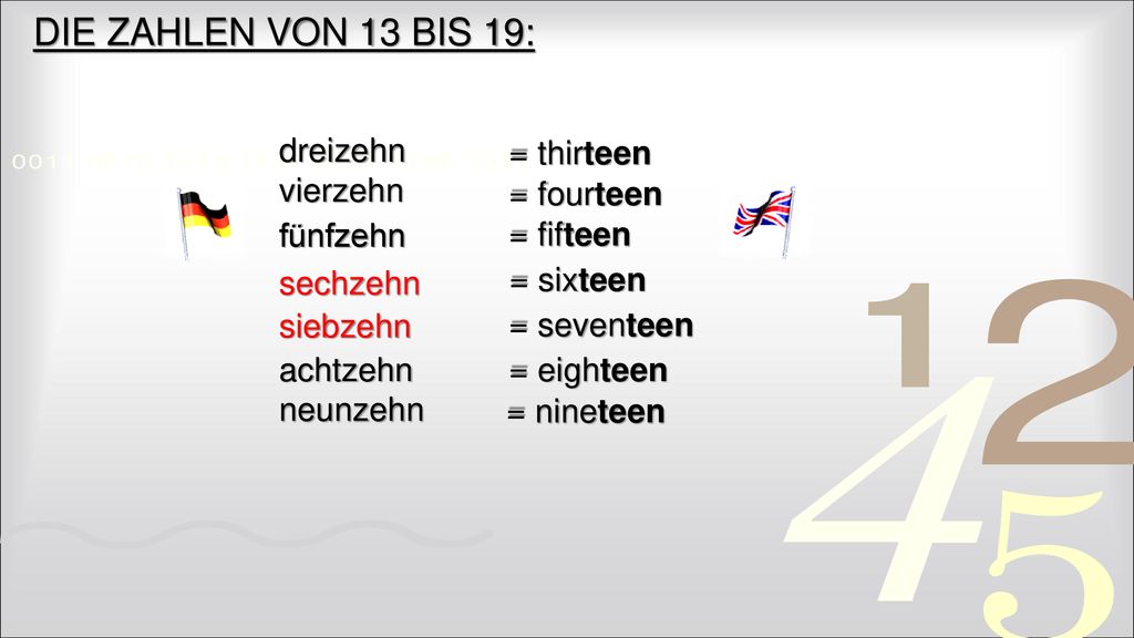 DIE ZAHLEN VON 13 BIS 19: dreizehn = thirteen vierzehn = fourteen