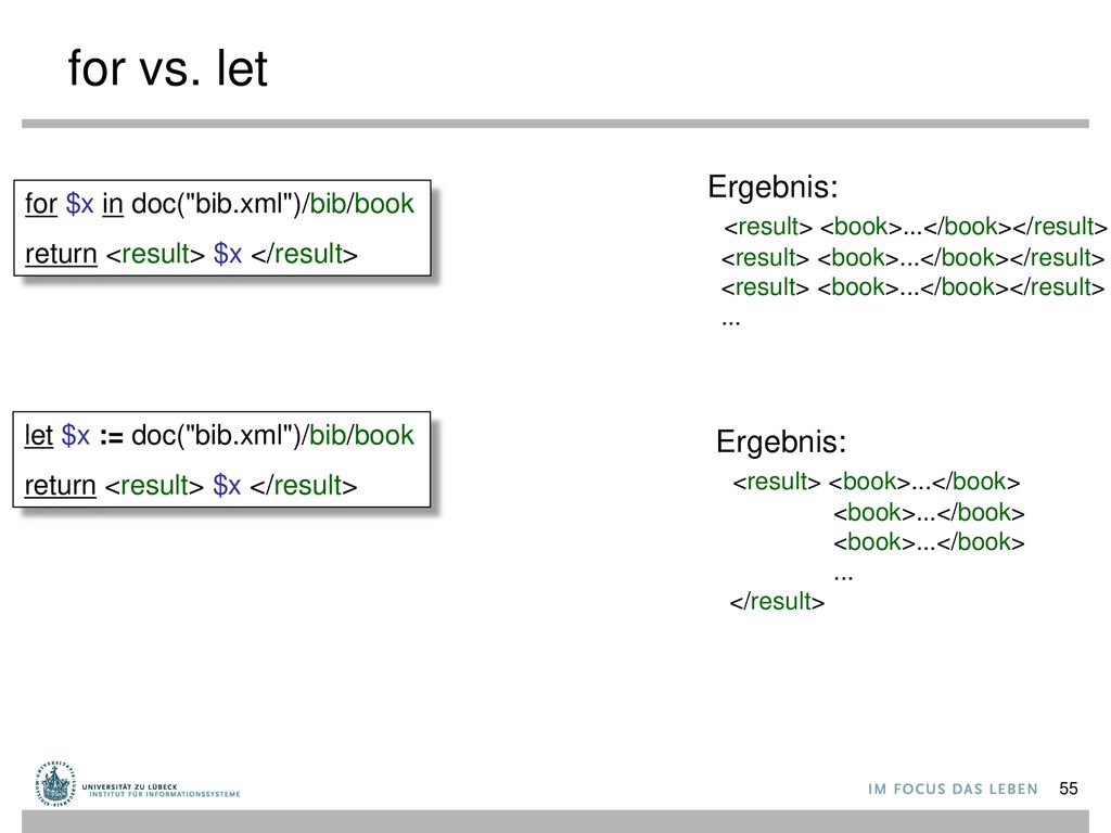 for vs. let Ergebnis: <result> <book>...</book></result> ... for $x in doc( bib.xml )/bib/book. return <result> $x </result>