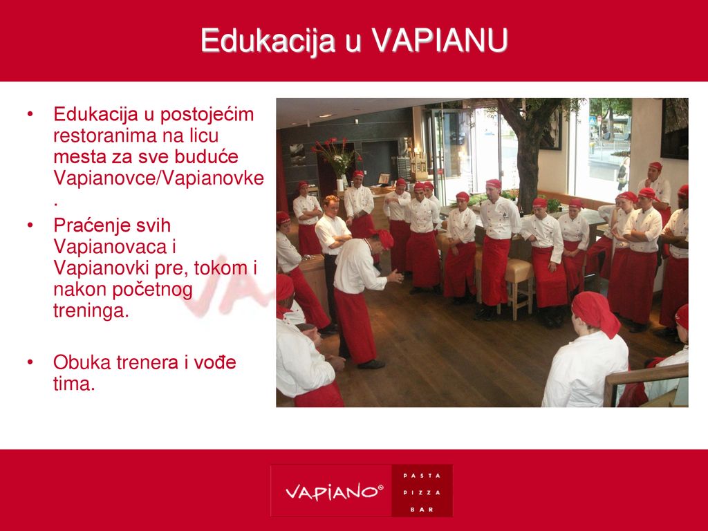 Edukacija u VAPIANU Edukacija u postojećim restoranima na licu mesta za sve buduće Vapianovce/Vapianovke.