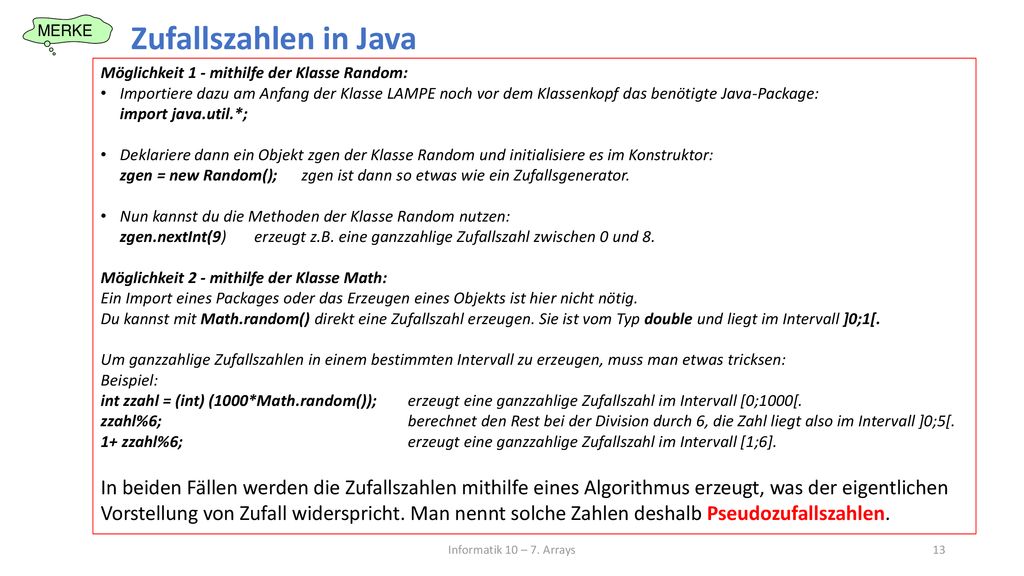 Zufallszahlen in Java Möglichkeit 1 - mithilfe der Klasse Random: