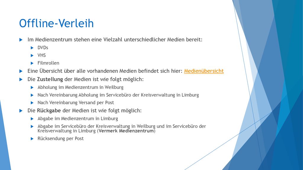 Offline-Verleih Im Medienzentrum stehen eine Vielzahl unterschiedlicher Medien bereit: DVDs. VHS.