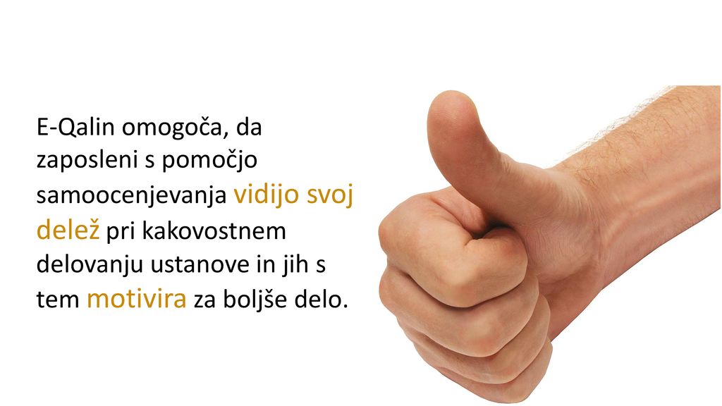 E-Qalin omogoča, da zaposleni s pomočjo samoocenjevanja vidijo svoj delež pri kakovostnem delovanju ustanove in jih s tem motivira za boljše delo.